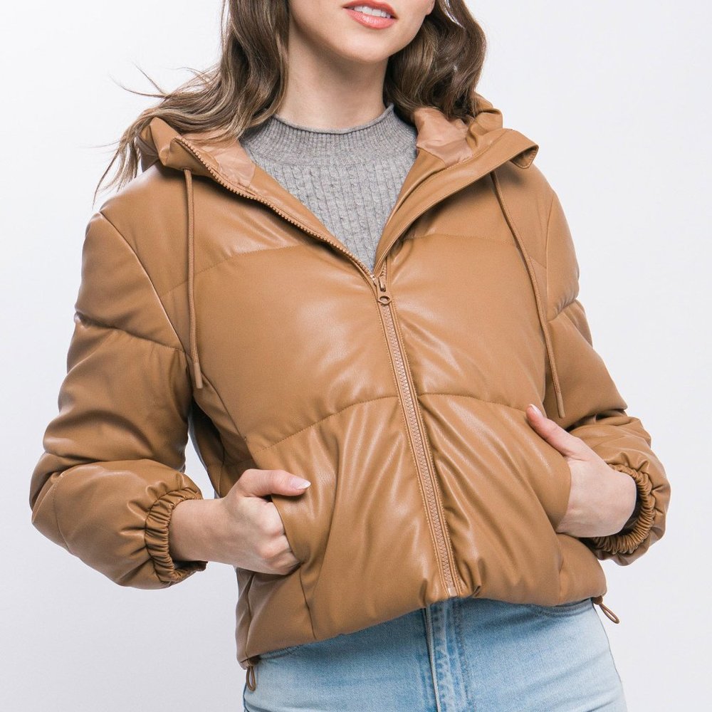 Pu Faux Leather Zipper Hooded Puffer Jacket-classic Camel